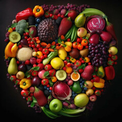 Fototapeta na wymiar A colorful array of fruits and vegetables arranged in a shape of a heart - Generative AI