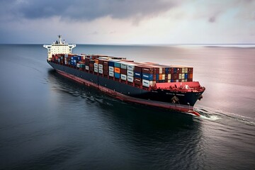 Commercial Shipping Container. Blue Ocean Background for Cargo Transportation, Import, and Export
