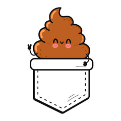 Cute funny turd pocket t-shirt print.Vector cartoon doodle line style character logo illustration design. Isolated white background. Funny cartoon poop, print for pocket t shirt