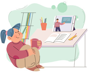 Obraz premium Online lessons, distance education. Video course, conference, web seminar, internet class. Student receives knowledge remotely, studies at home, girl watching lessons on tablet pc, mobile school