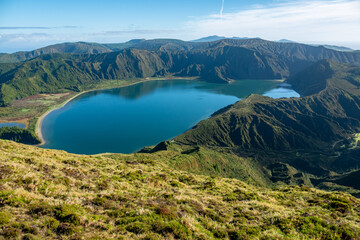 Beautiful panoramic view of Lagoa do Fogo lake in Sao Miguel Island, Azores, Portugal - 586163214