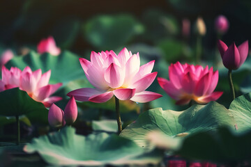 Lotus blooming over pink blurred background. Water lily flower close up, generative AI tools 