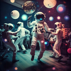 Generative AI image group of full body astronauts in white uniform dancing during party on wooden floor under planets and stars - 586163677