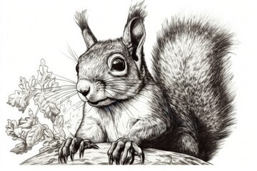 cute squirrel drawn in black and white created with Generative AI technology © AkuAku