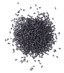 Black cumin seeds isolated on white background. Heap of black nigella seeds. Nigella sativa. Top view.