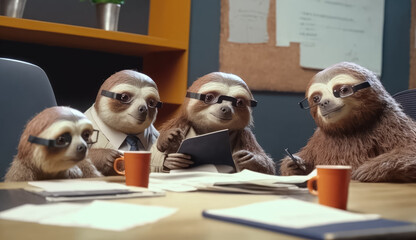 Business team of sloths analyzing financial data in the office. Generative AI - 586164034