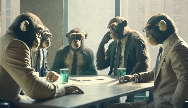 Business team of monkeys analyzing financial data in the office. Generative AI