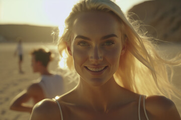 Young blonde happy woman portrait on a beach in the sun beans, made with generative AI