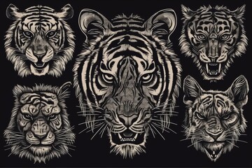 Illustration of multiple tiger heads against a black background created with Generative AI technology
