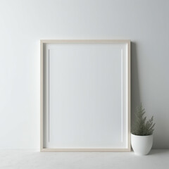 Vertical wooden frame and white portrait frame mock up on the vintage white wall. 3D illustrations, decoration, generative AI.
