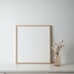 Wooden frame and white portrait frame mock up on the vintage white wall. 3D illustrations, decoration, generative AI.