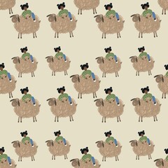 seamless pattern farm, girl and sheep. seamless pattern in cartoon style of a child playing with an animal