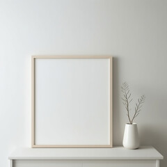Mock up wooden frame and white portrait frame on the vintage white wall. 3D illustrations, decoration, generative AI.