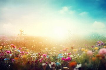 Fototapeta na wymiar Beautiful spring summer landscape with colorful wildflowers and soft morning light. Generative AI.