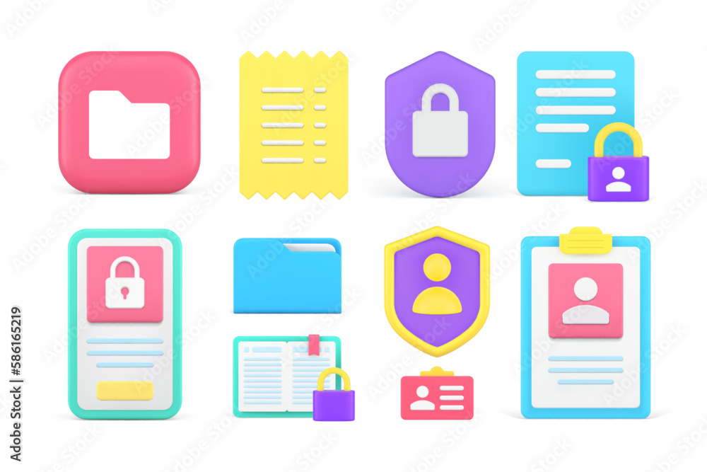 Poster personal data protection document database archive folder lock shield set 3d icon realistic vector