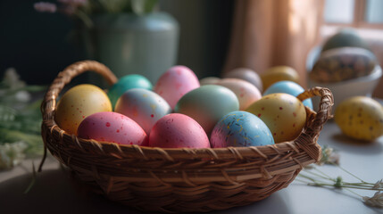 Fototapeta na wymiar A Basket of Spring Delight: Pastel-Colored Easter Eggs in a Sunlit Room, Generative AI
