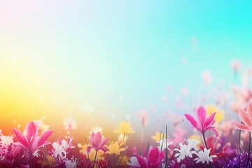 Fototapeta premium Soft spring summer landscape with colorful wildflowers and blue sky. Generative AI.