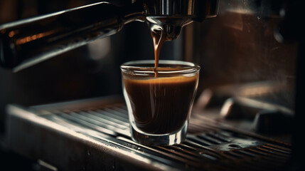 Close-up of espresso pouring from coffee machine. The process of making coffee. Strong morning coffee at the cafe. AI Generative