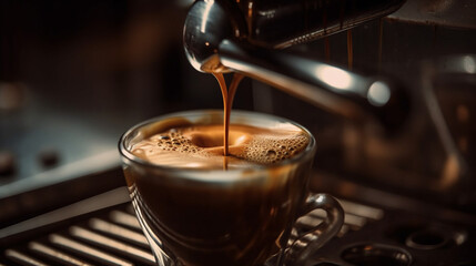 Close-up of espresso pouring from coffee machine. The process of making coffee. Strong morning coffee at the cafe. AI Generative