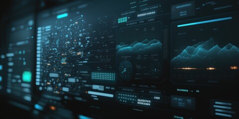 Fototapeta premium Screen with graphs, data, research. Science and technology concept. Data visualization, blue, technology, luminous effects. Generative AI