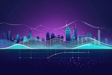 Flat illustration of smart city and abstract dot point connect with gradient line in Lavender & teal, big data connection technology concept, created with Generative AI
