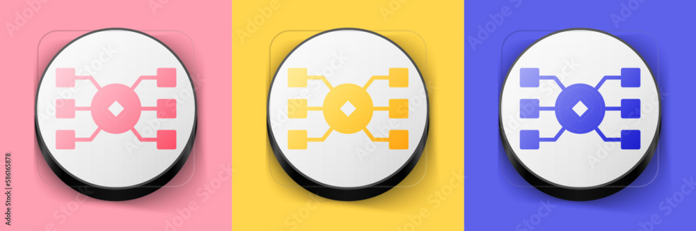 Poster isometric neural network icon isolated on pink, yellow and blue background. artificial intelligence 