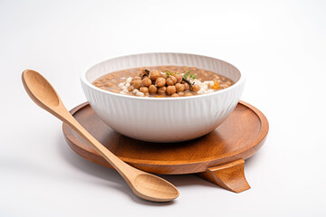 A bowl of chickpea soup with a wooden spoon on a wooden serving dish, gen art