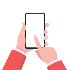 Hand of a businessman in a red suit is holding a smartphone. Vector illustration.