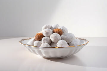 Fototapeta na wymiar A bowl of chocolate covered donuts with white powdered sugar, gen art