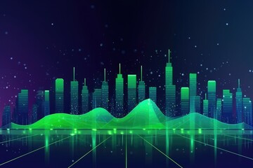 Flat illustration of smart city and abstract dot point connect with gradient linein Lime green & electric blue, big data connection technology concept, created with Generative AI
