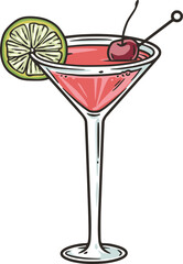 Cosmopolitan cocktail with lime and cherry for summer party. Ping alcochol cocktail for beash bar. Cosmo with vodka and cranbery for design of menu