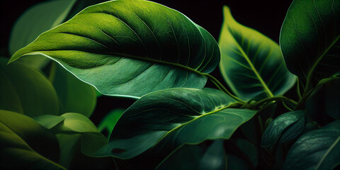 Naklejka na ściany i meble close up of green leafy plant with dark background. generative ai.