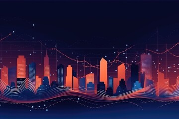 Flat illustration of smart city and abstract dot point connect with gradient line in Royal blue & peach, big data connection technology concept, created with Generative AI
