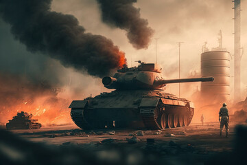 Fototapeta na wymiar Army tank in the field of battle,Concept of war. AI Generative.