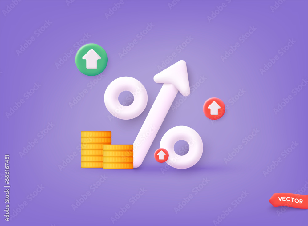 Wall mural icon percent with arrow. market analysis, investment or interest rate. 3d web vector illustrations. 