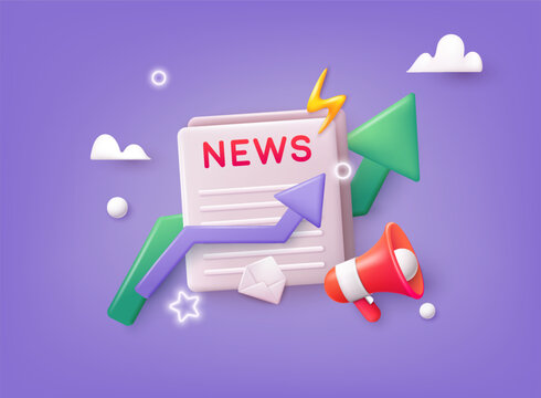 Financial news. Trading stock news impulses. Concept News update. News webpage, information about events, activities, company information and announcements for web page. 3D Web Vector Illustrations.