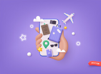 Book vacation or business trip banner with passport, tickets, travel bag. 3D Web Vector Illustrations.