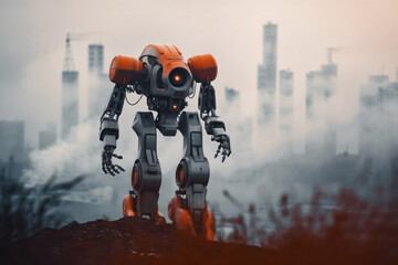 A robot with a destroyed city after the end of the world. AI Generative.
