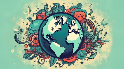 Celebrate Earth Day with a captivating hand-drawn illustration featuring a colorful planet and environmental symbols. Boasting soft colors, bold outlines, and cel shading in a cartoon style.