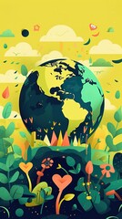 Celebrate Earth Day with a captivating hand-drawn illustration featuring a colorful planet and environmental symbols. Boasting soft colors, bold outlines, and cel shading in a cartoon style.