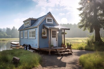 Secluded wooden tiny house in beautiful nature,created with Generative AI
 - obrazy, fototapety, plakaty