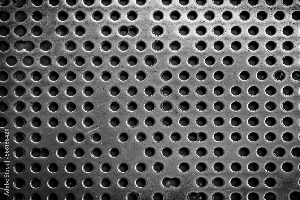 Poster close-up view of a metal grate with small holes created with generative ai technology