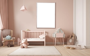 Modern scandinavian children room interior with mockup transparent png poster. natural toys, teddy bear and rabbit. Minimalistic and cozy interior with pink walls. Generative AI