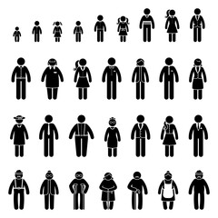 Diversity stick figure man woman people vector illustration set. Different generation big crowd family stickman icon silhouette pictogram