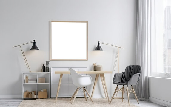 Home office concept. Empty vertical wooden picture frame mockup hanging on white wall. Wooden desk, table. Elegant working space. Scandinavian interior design. Generative AI transparent png