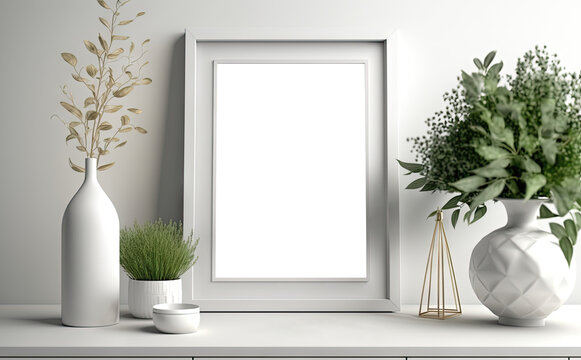 Portrait white picture frame mockup on vintage bench, table. Modern ceramic vase with dry grass. White wall background. Scandinavian interior. Generative AI transparent png