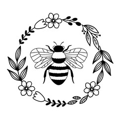 Round floral wreath with bee. Outline drawing. Line vector illustration. Isolated on white background. Good for posters, t shirts, postcards.