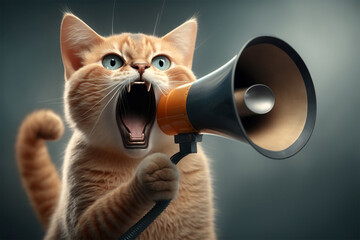 Fototapeta premium The portrait of a protesting cat shouting aggressively into megaphone during conflict. Generative AI