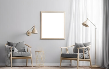Mockup frame poster Interior design of cozy living room with stylish chairs, dired flowers in vase, carpet decoration, plaid and personal accessories in modern home decor. Transparent png. Generative 