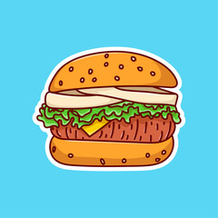 sticker of a hamburger in a bright cartoon style. Fast food vector icon